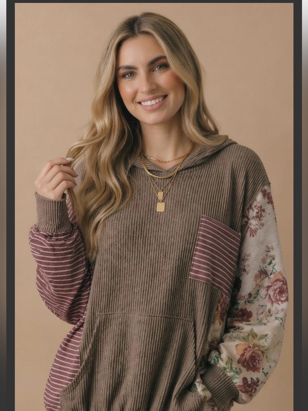 HF1-Rib-Knit Hooded Pullover with Striped & Floral Sleeves - Brown & Mauve